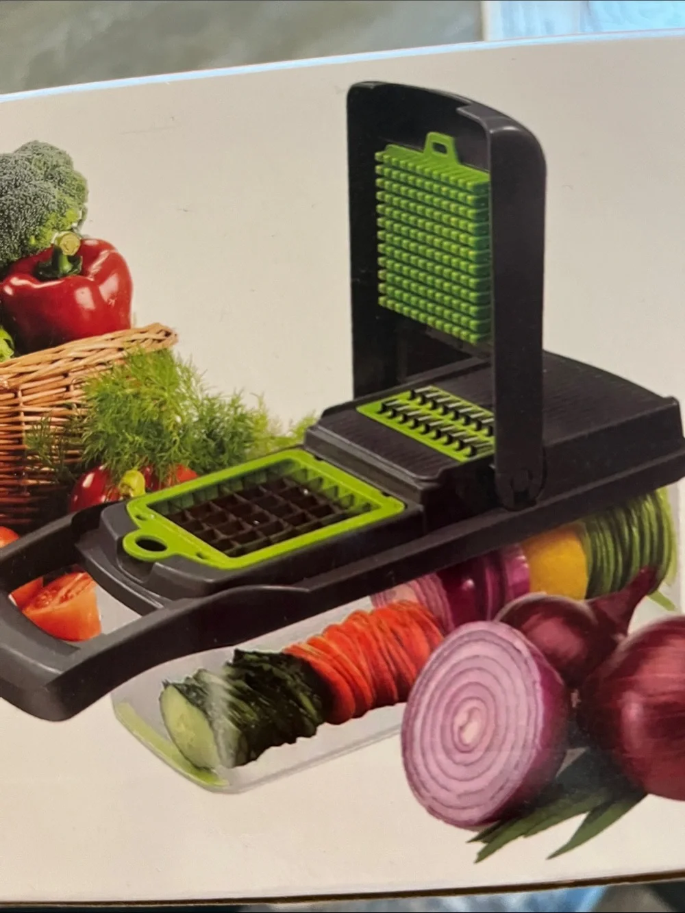Brand new multi option high capacity veggie slicer with catch bin under